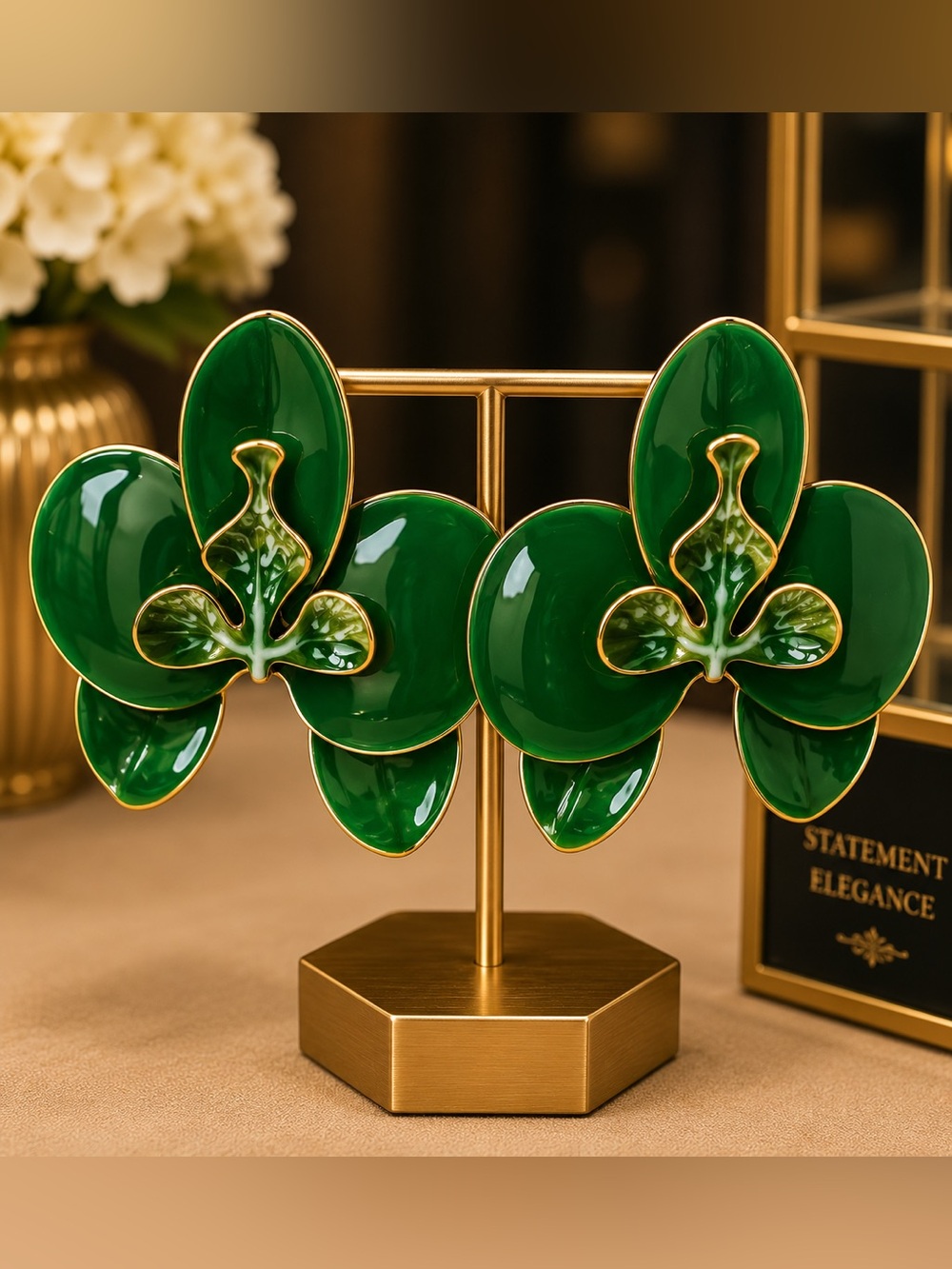 Pair of Glossy Green Ceramic Orchid Accents with Gold Edge